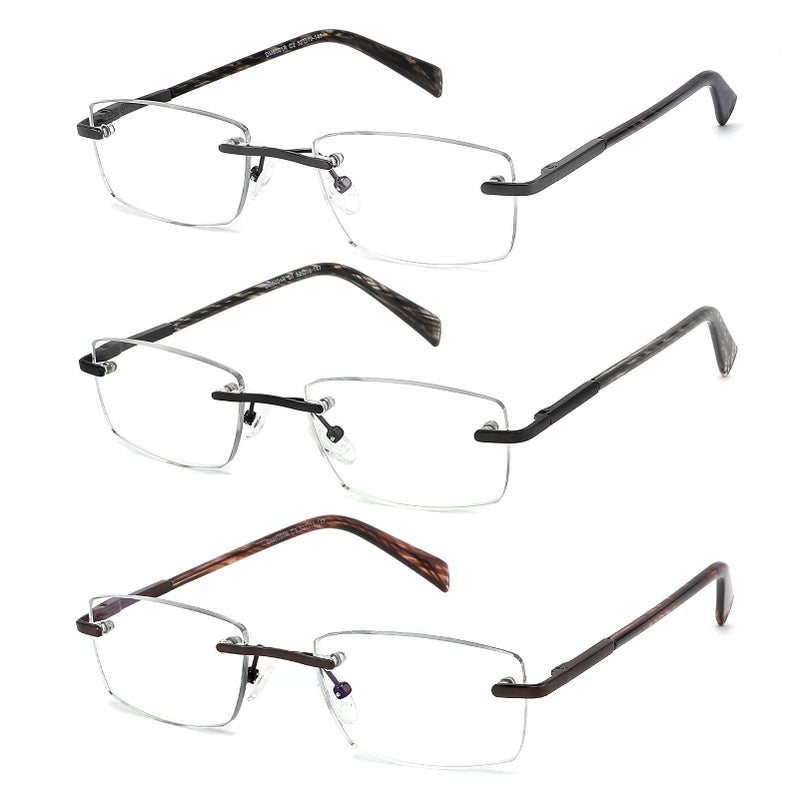 JJWELL 3 Pack Reading Glasses for Men Blue Light Blocking, Lightweight Rimless Metal Mens Eyeglasses Readers, Anti Eyestrain/Dryness/Computer Glare/UV 400, Spring Hinge Eyeglasses(375 Strength)